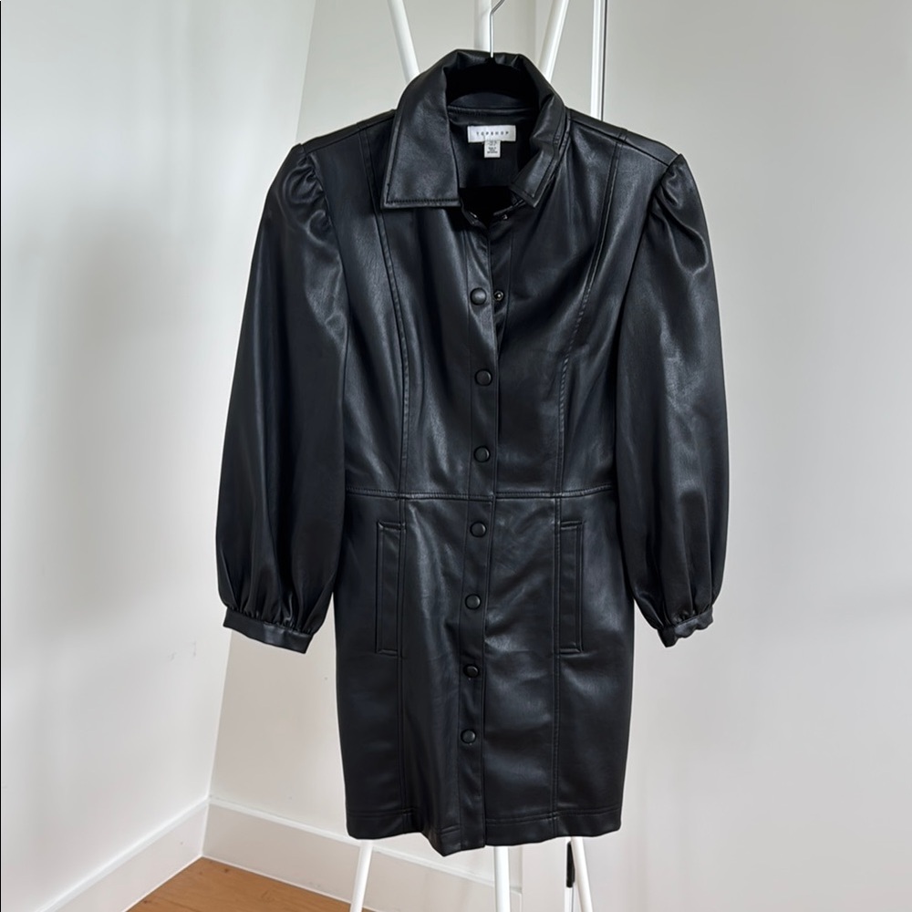 Top Shop Black Pleather dress with Puff Sleeves